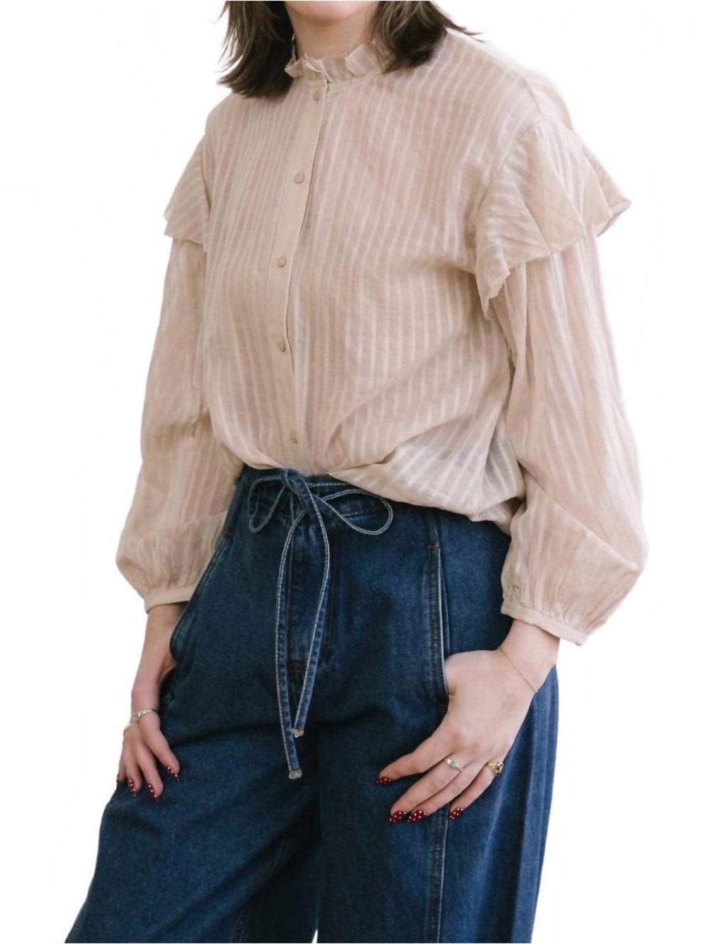 Neuflora Lightweight Sheer Button-Front Top in Beige/Cream